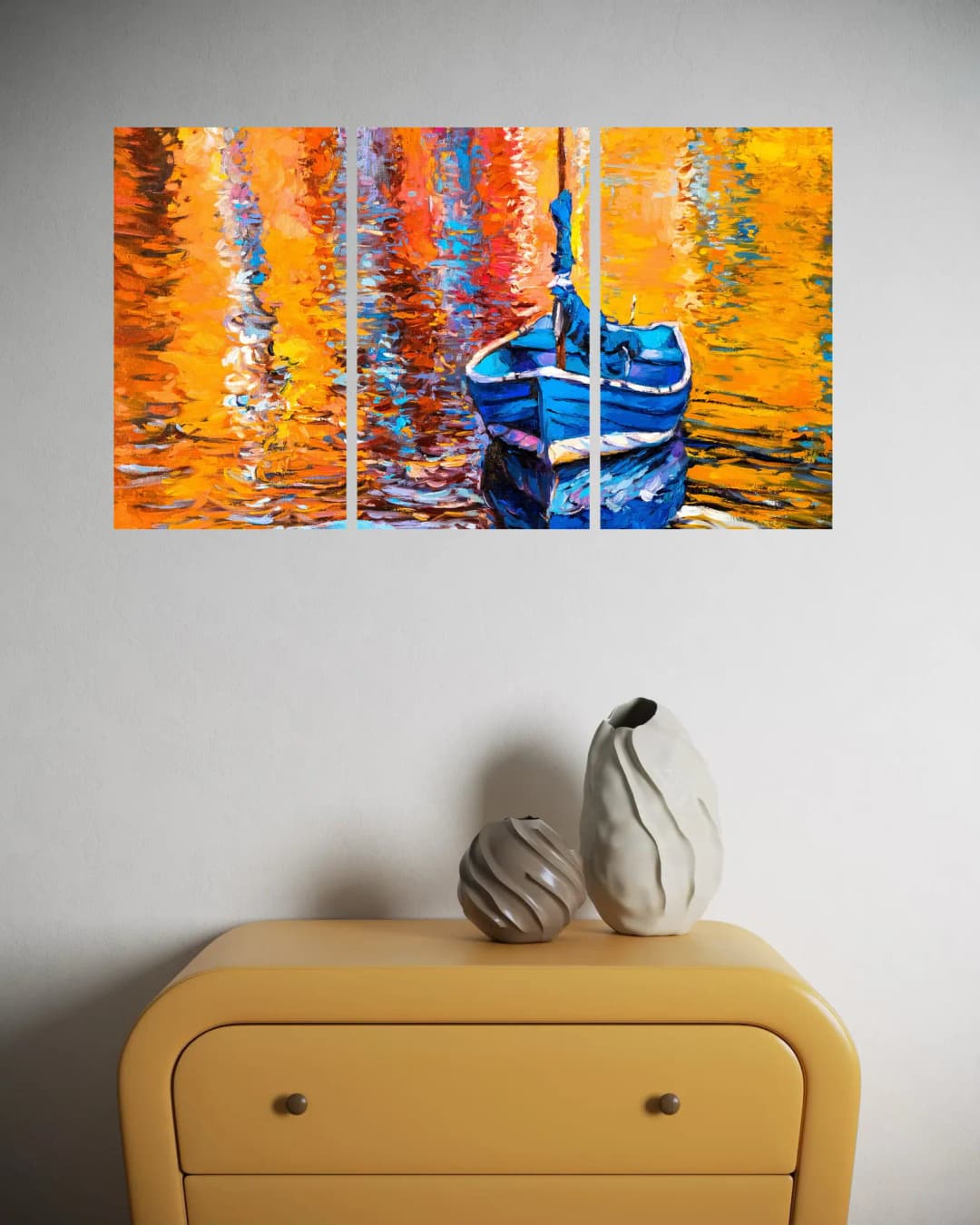Blue Boat Water Reflections – 3 Panels