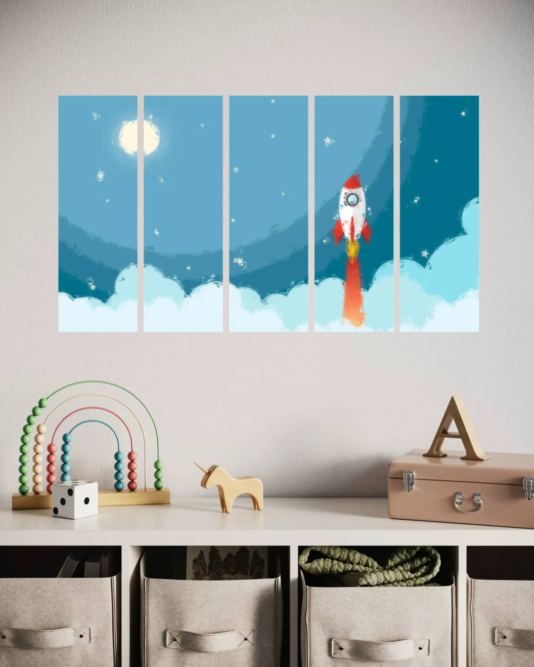 Cartoon Rocket Space Launch – 5 Panels Straight