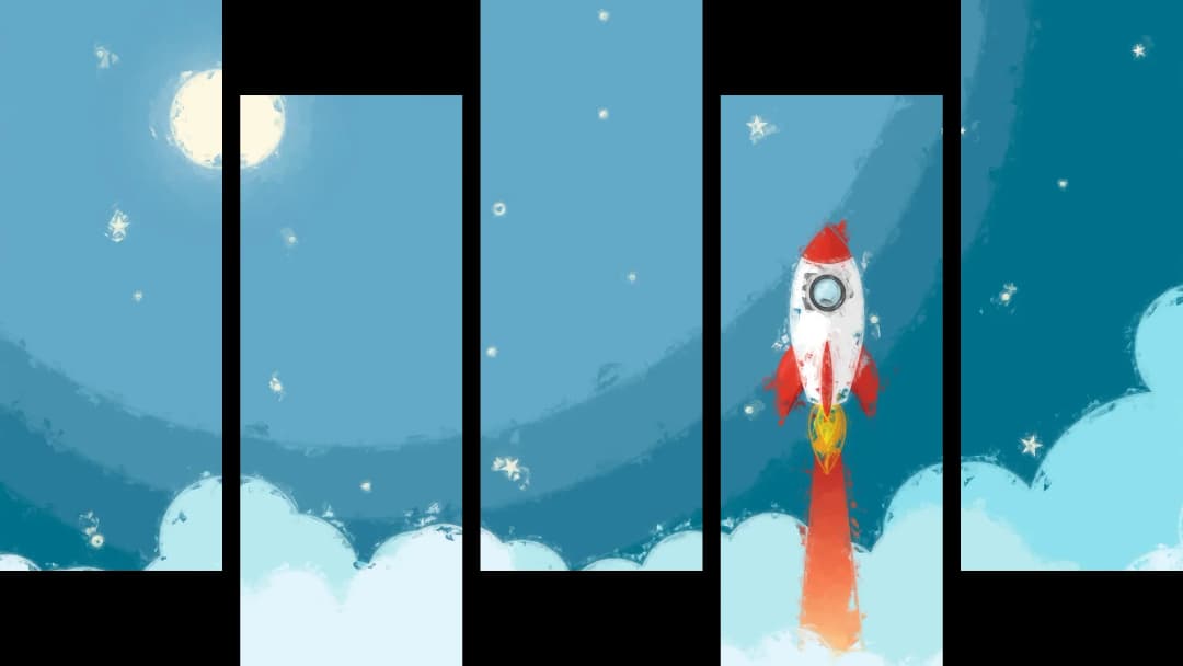 Cartoon Rocket Space Launch – 5 Panels Up & Down