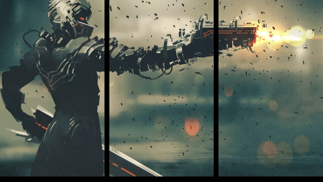 Cyberpunk Warrior Shooting – 3 Panels