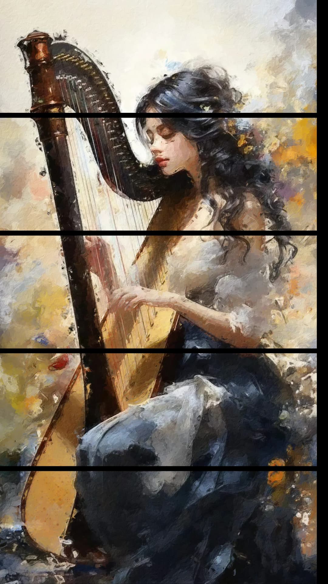 Elegant Harpist Flowers – 5 Panels Straight