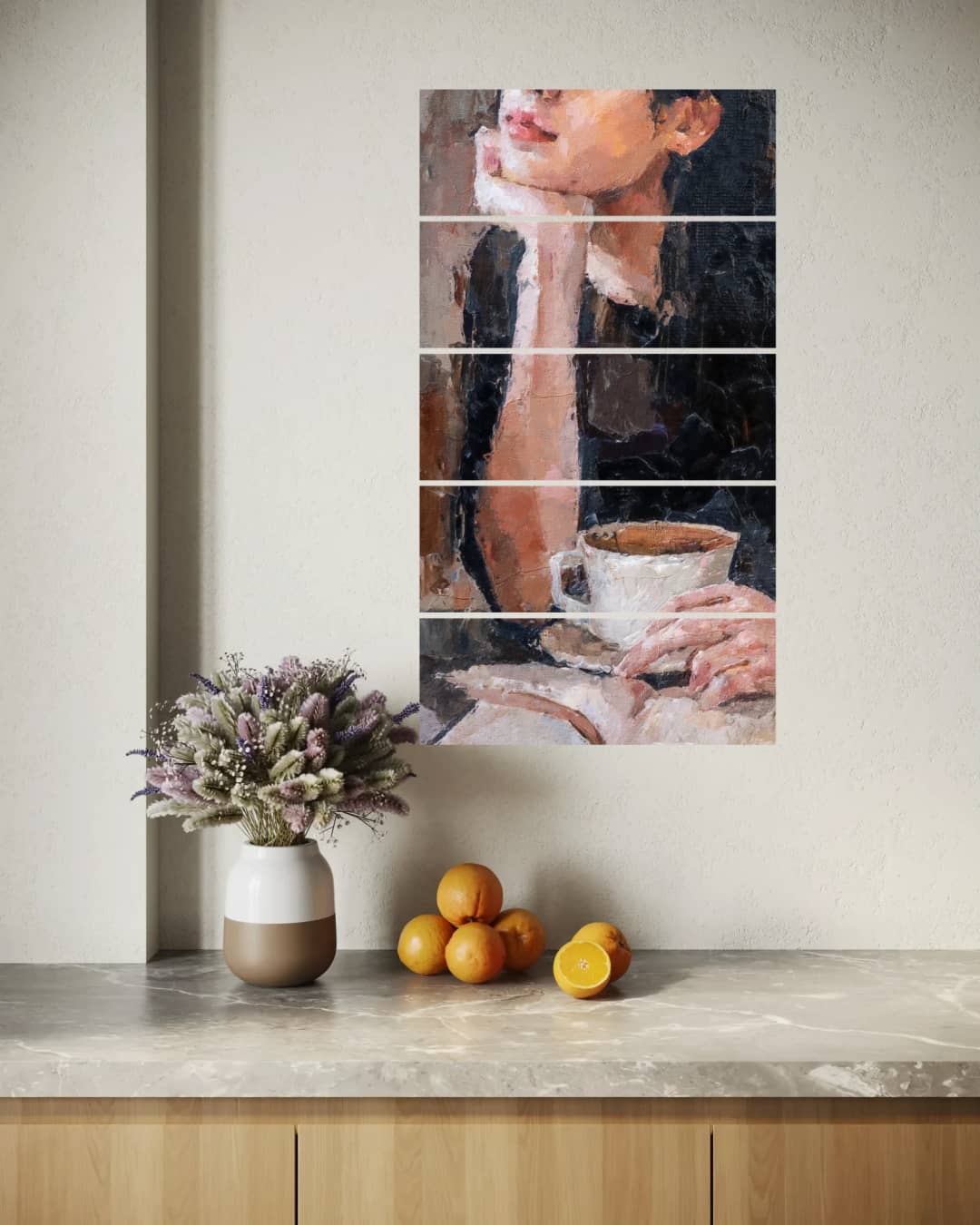 Elegant Woman with Coffee – 5 Panels Straight