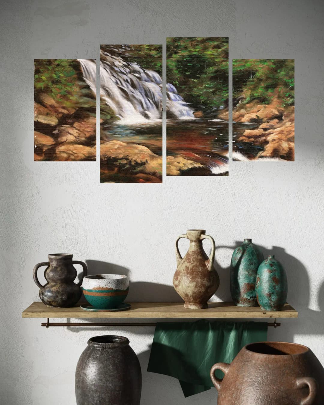Forest Waterfall Rocky Stream – 4 Panels