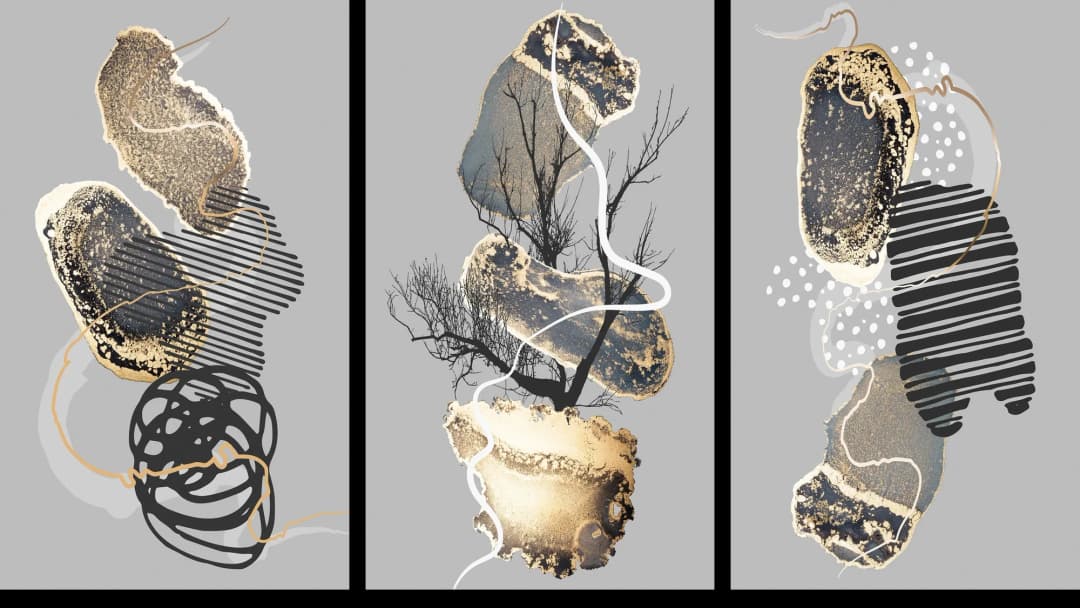 Gold Mixed Media Clusters – 3 Panels