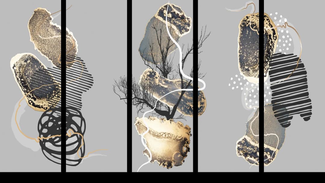 Gold Mixed Media Clusters – 5 Panels Straight