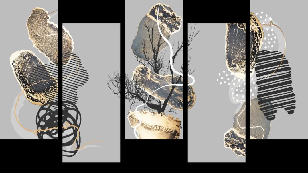 Gold Mixed Media Clusters – 5 Panels Up & Down