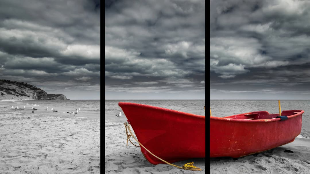 Red Boat Stormy Beach – 3 Panels
