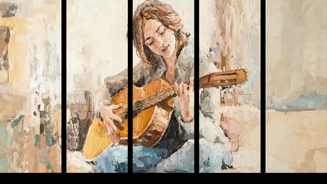 Smiling Guitar Player – 5 Panels Straight