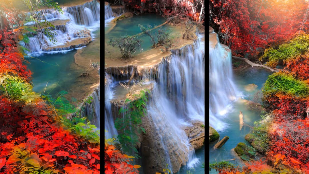 Tropical Waterfall Autumn Forest – 3 Panels