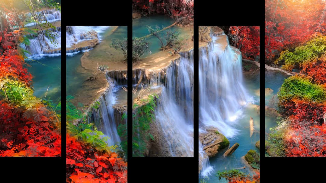 Tropical Waterfall Autumn Forest – 5 Panels Up & Down