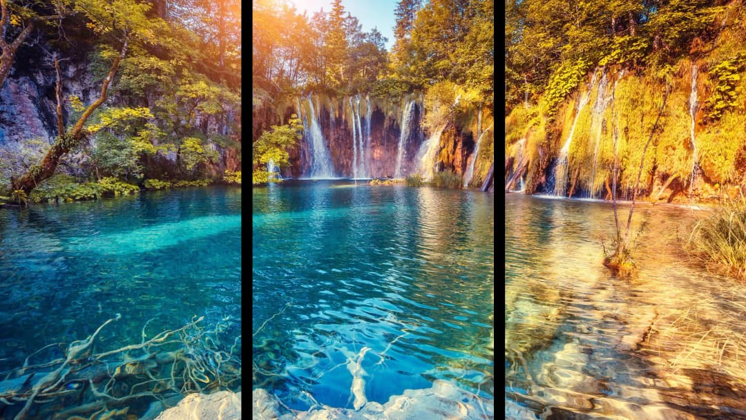 Turquoise Lake Sunlit Waterfalls – 3 Panels