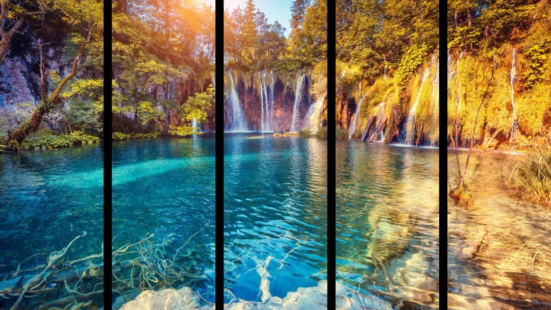Turquoise Lake Sunlit Waterfalls – 5 Panels Straight