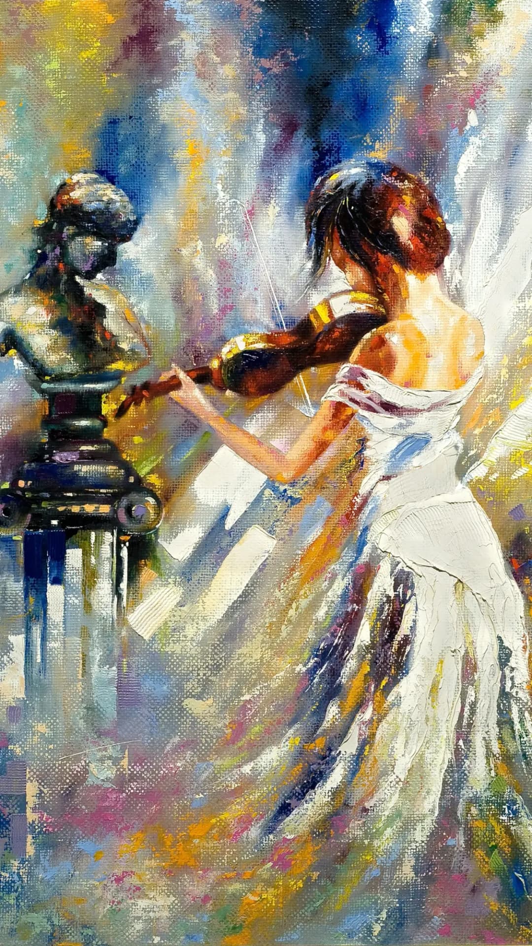 Violinist Beside Sculpture