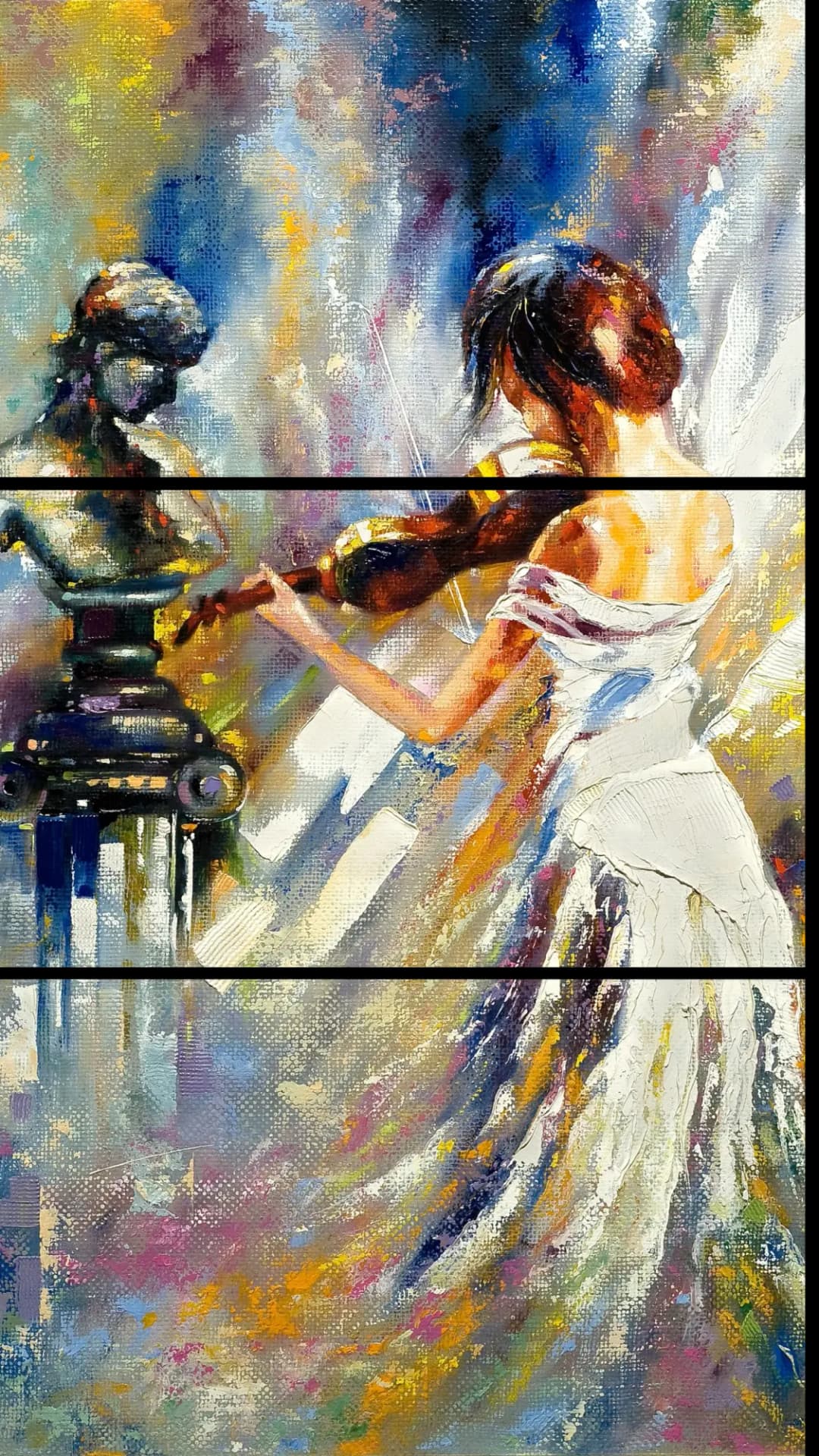 Violinist Beside Sculpture – 3 Panels