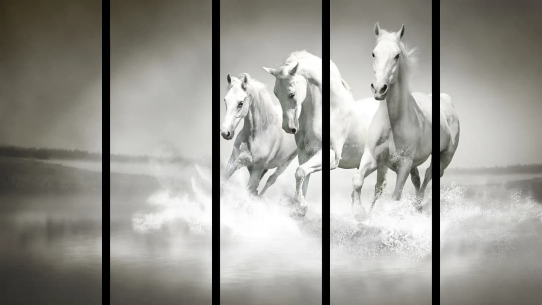 White Horses in Water – 5 Panels Straight