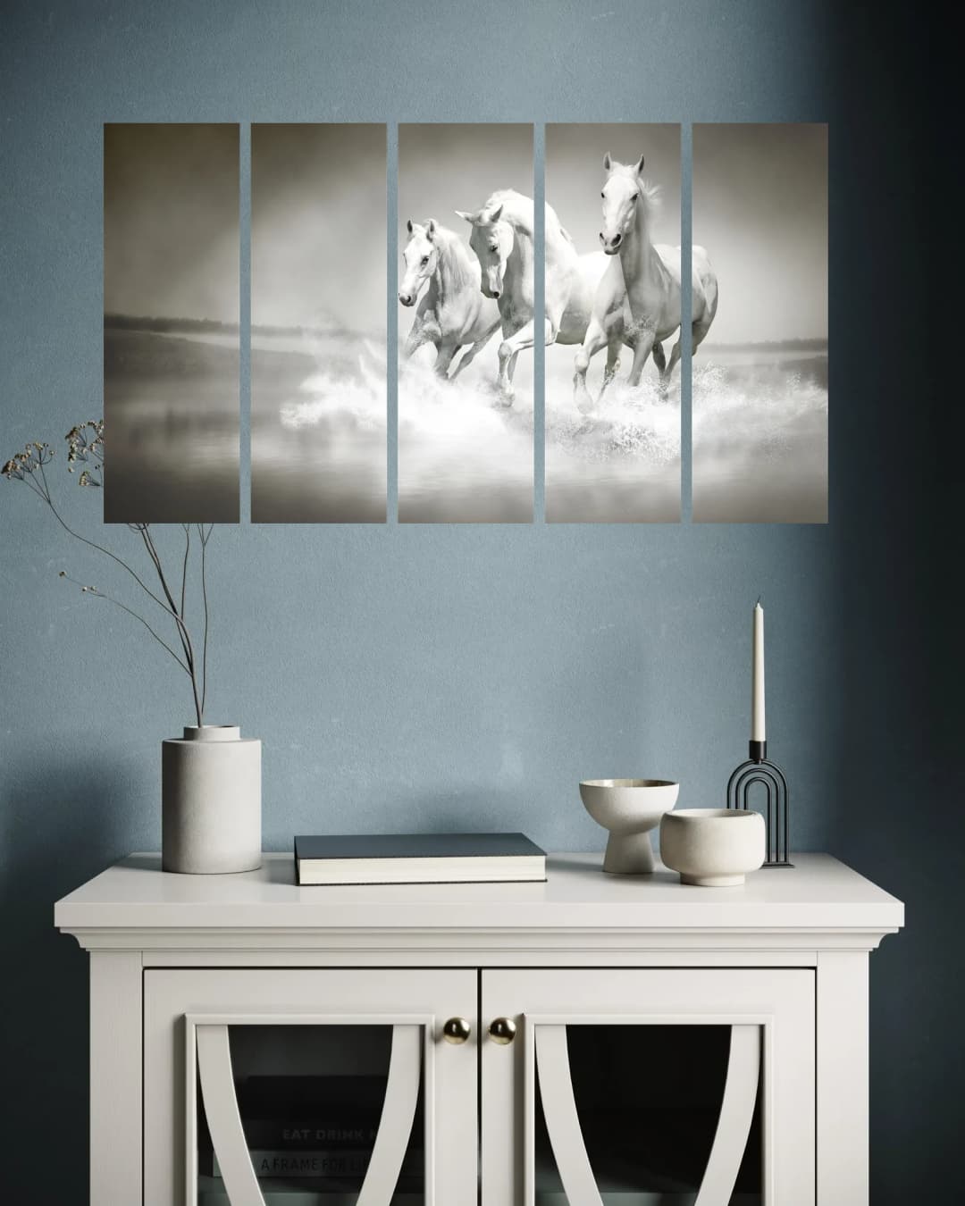 White Horses in Water – 5 Panels Straight