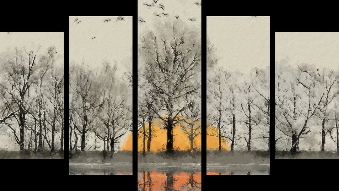 Winter Birds Sunset Reflection – 5 Panels Hierarchy