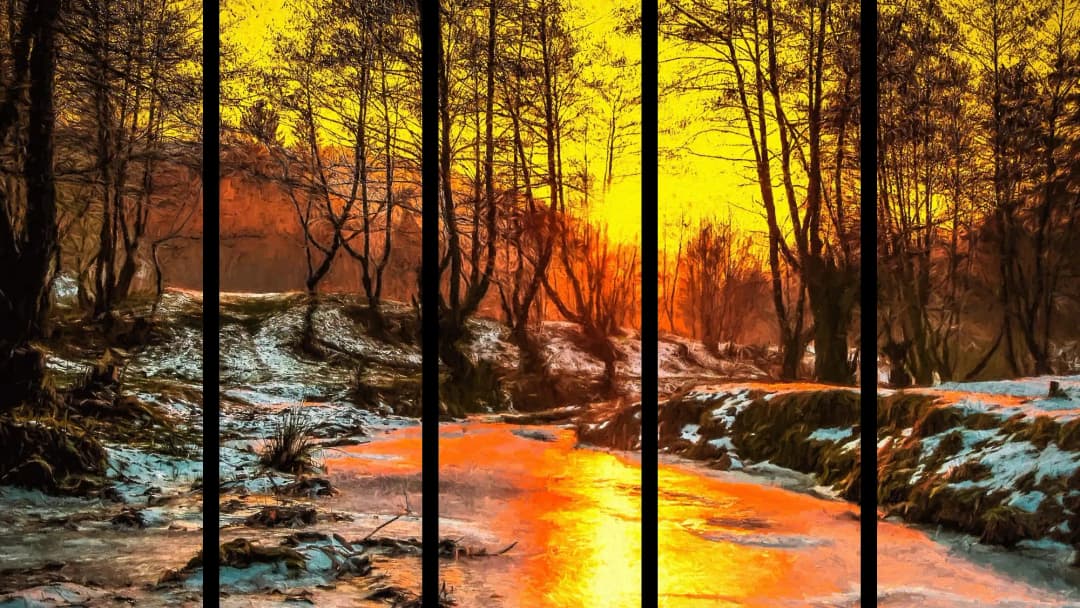 Winter Forest Snowy Stream – 5 Panels Straight