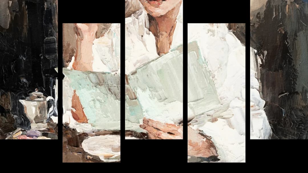 Woman Reading at Cafe – 5 Panels Up & Down