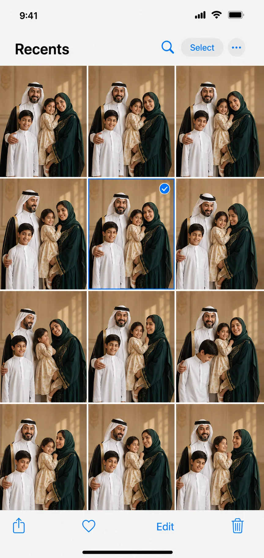 Phone camera roll with the chosen family photo selected